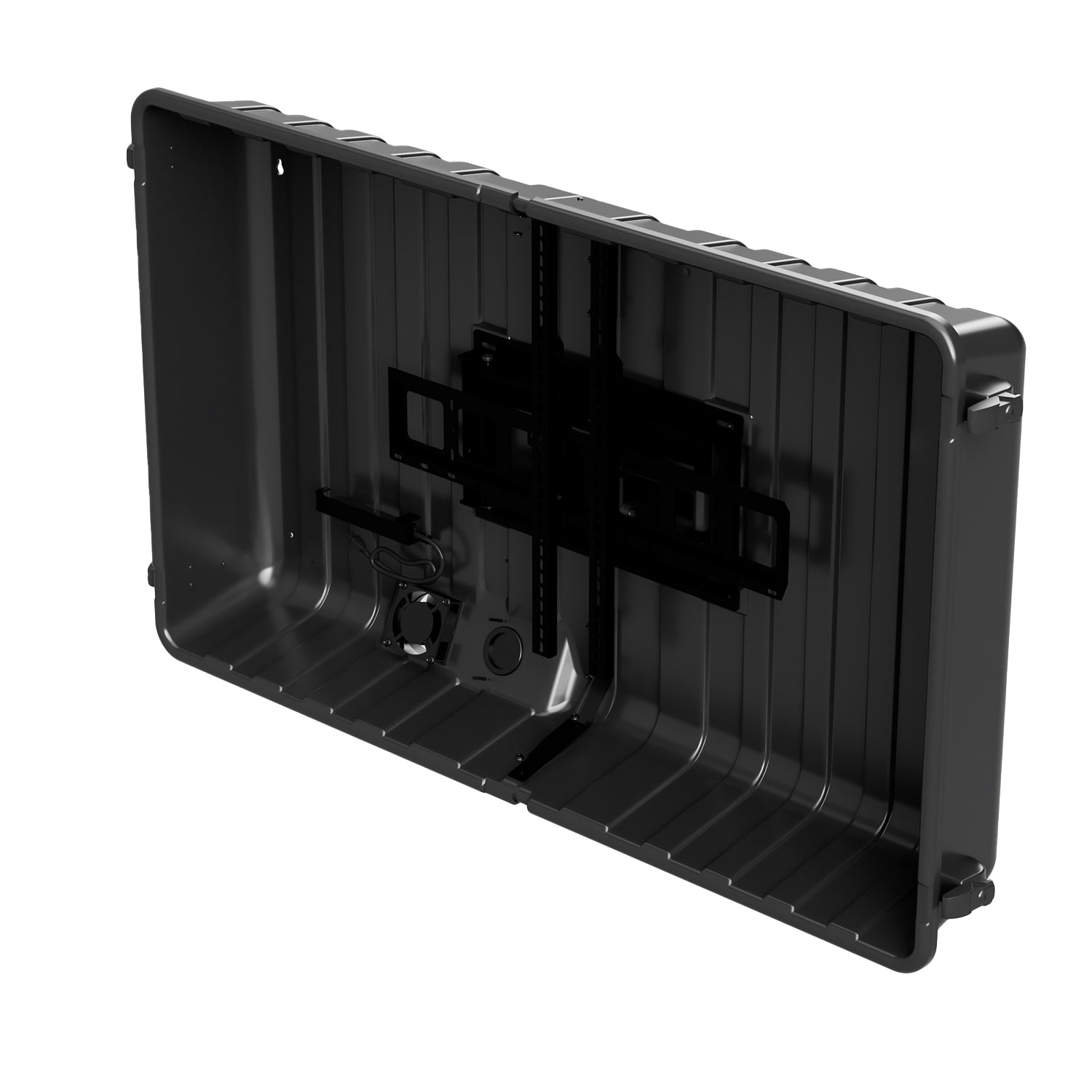 Storm Shell Outdoor Weatherproof TV Enclosure with ariticulating arm and mounting hardware. Fits up to 55" TV view from top with front cover removed