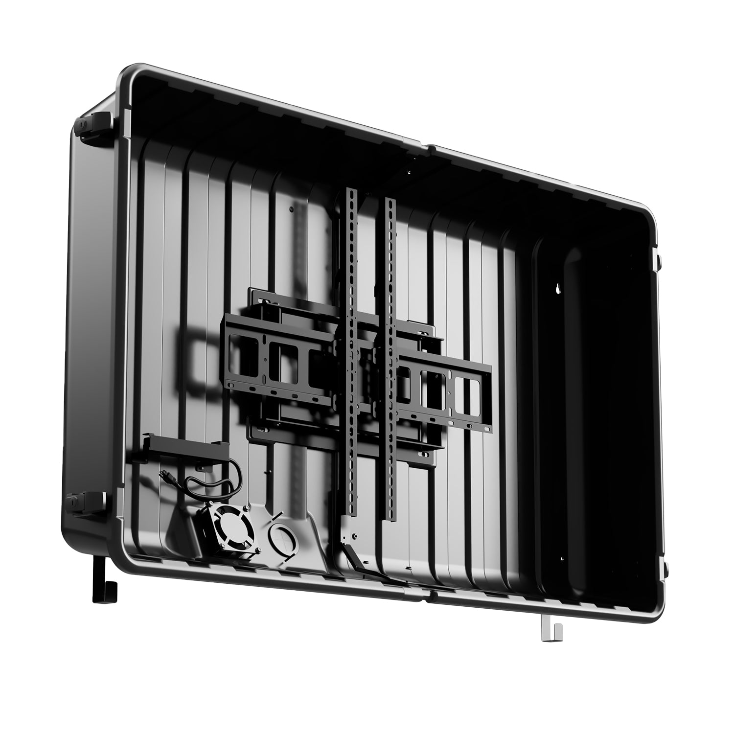 Storm Shell Outdoor Weatherproof TV Enclosure with ariticulating arm and mounting hardware. Fits up to 55" TV with front cover removed