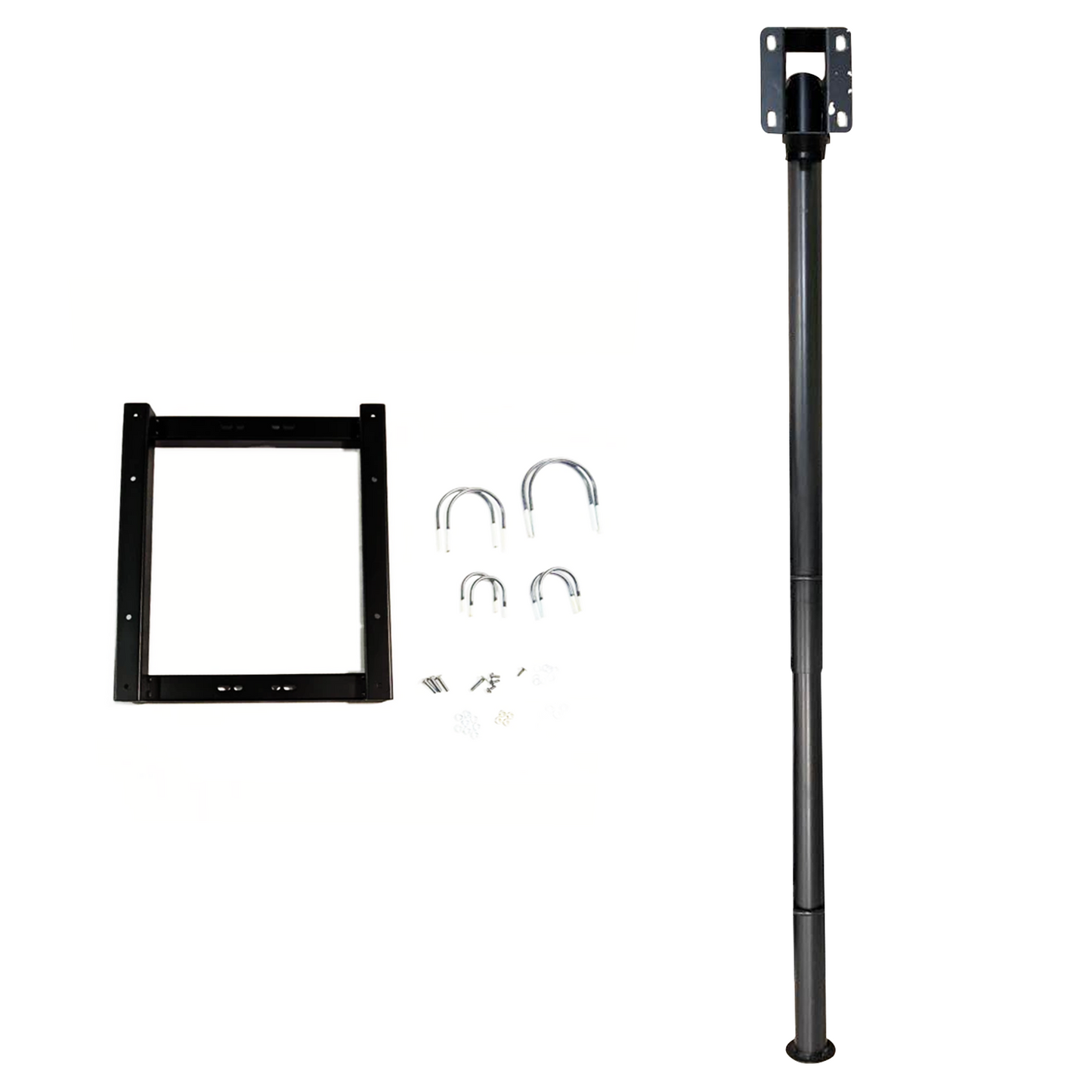 Pole and bracket ceiling mount kit for storm shell tv cover on white background.