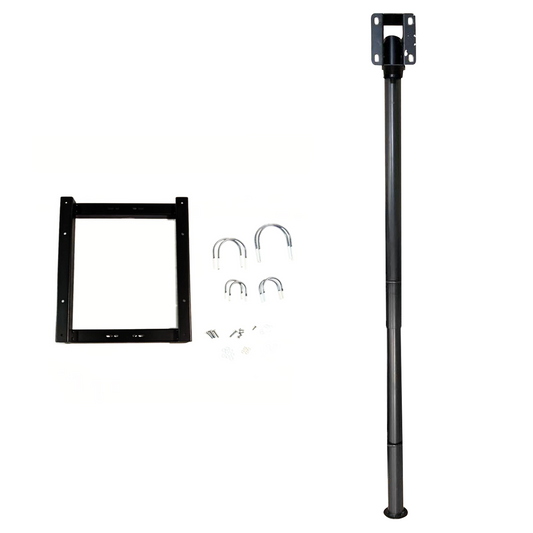 Pole and bracket ceiling mount kit for storm shell tv cover on white background.