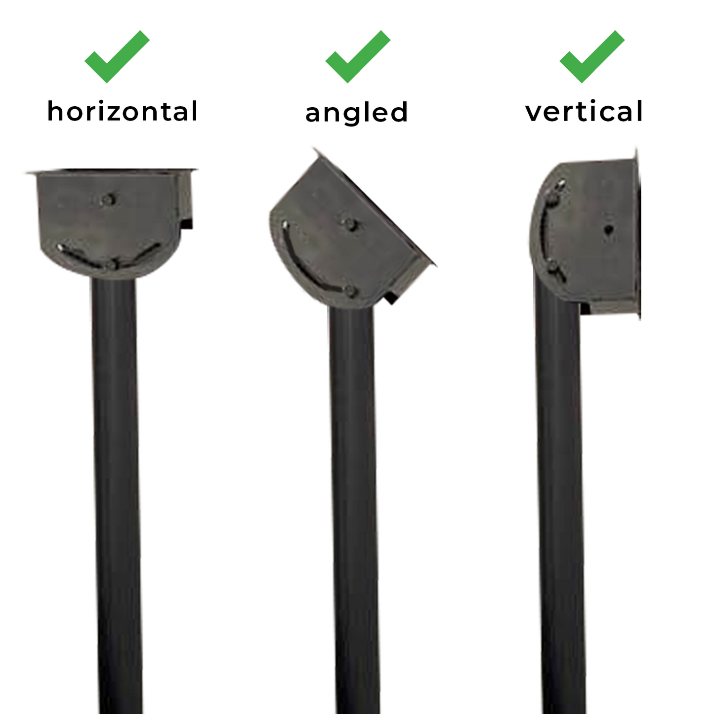 Pole and bracket ceiling mount kit horizontal, angled, and vertical for storm shell tv cover on white background.