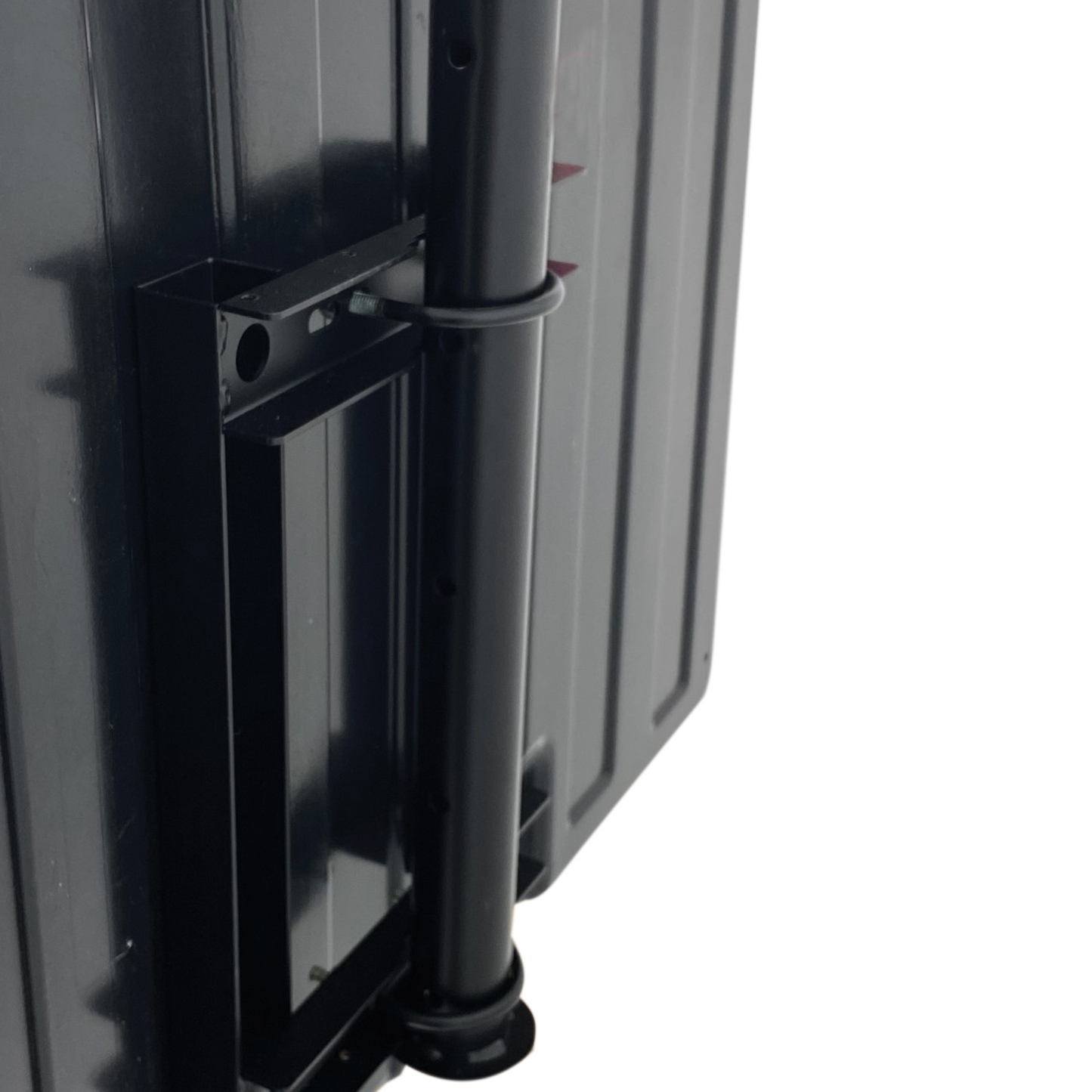 Pole and bracket ceiling mount kit for storm shell tv enclosure on white background. Storm Shell tv enclosure not included back angle