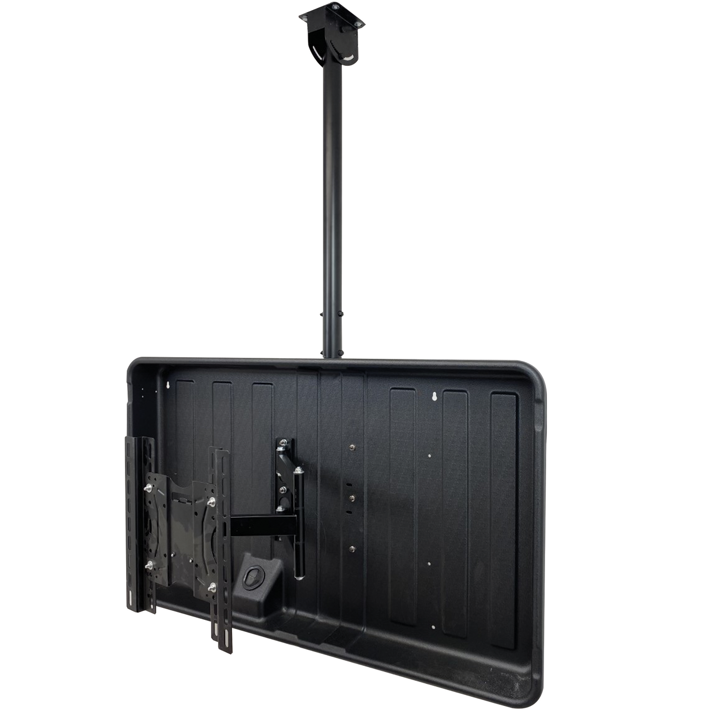 Pole and bracket ceiling mount kit for storm shell tv enclosure on white background. Storm Shell tv cover not included