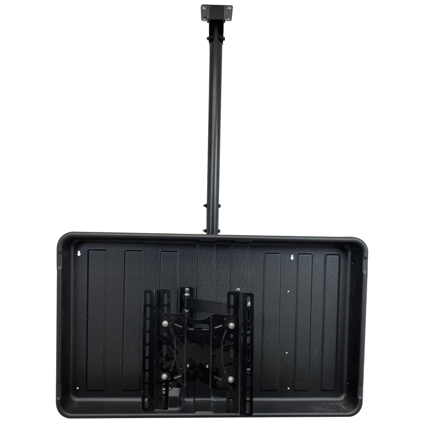 Pole and bracket ceiling mount kit for storm shell tv enclosure on white background. Storm Shell tv enclosure not included