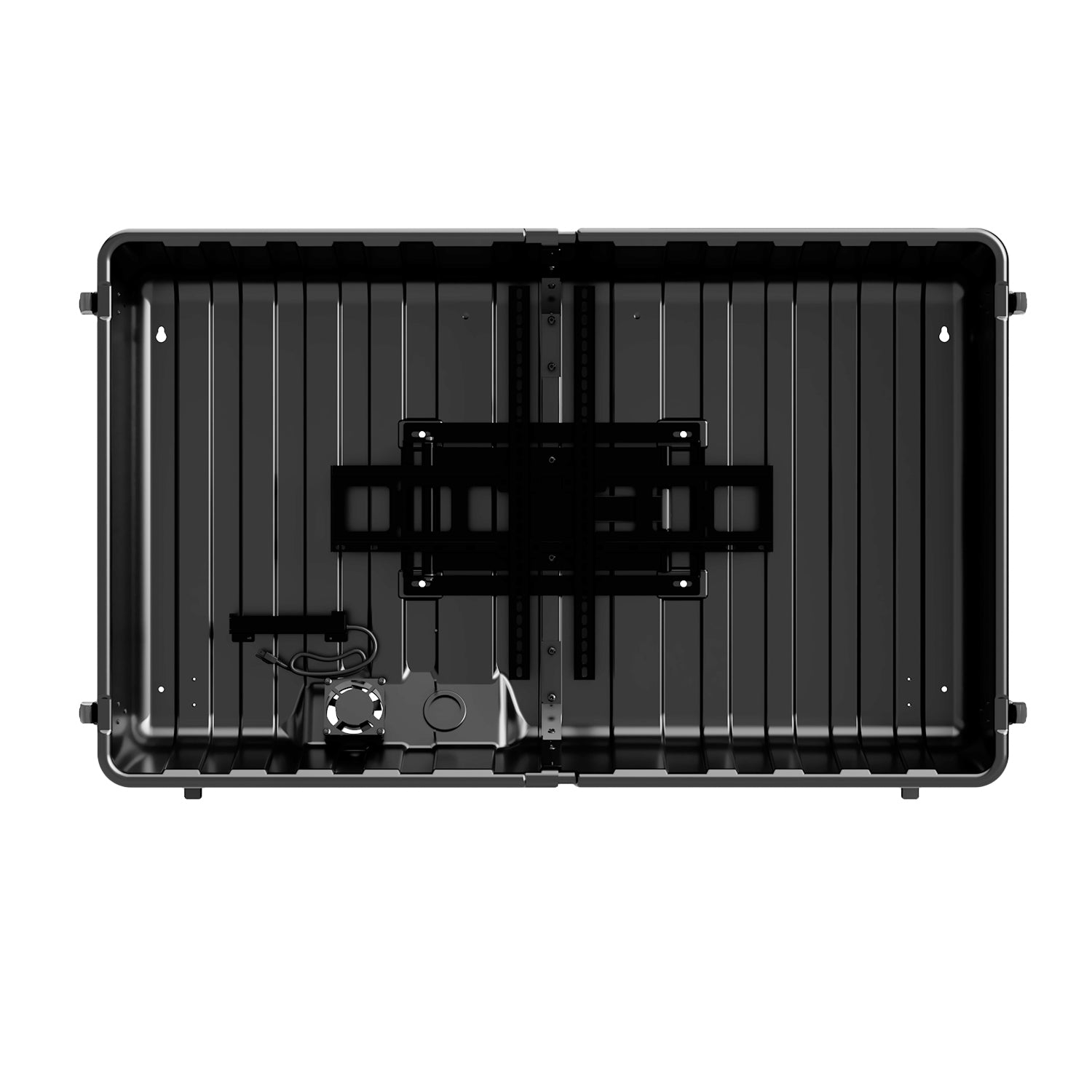 Storm Shell Outdoor Weatherproof TV Enclosure with ariticulating arm and mounting hardware. Fits up to 55" TV straight on view, with cover removed