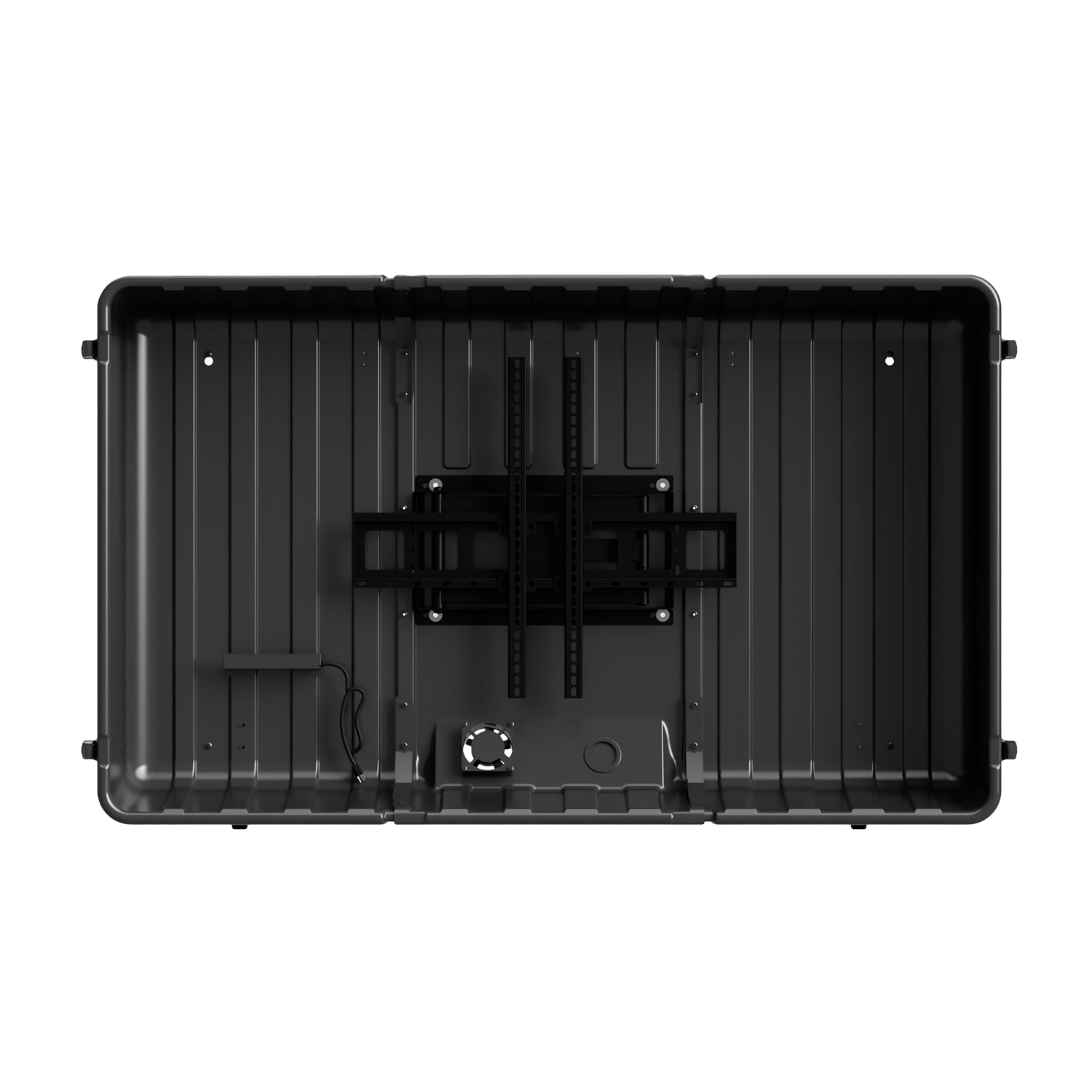 Storm Shell Deluxe Weatherproof 65” Outdoor TV Enclosure, Cooling fan and power strip included. Showing  mounting bracket with front cover removed