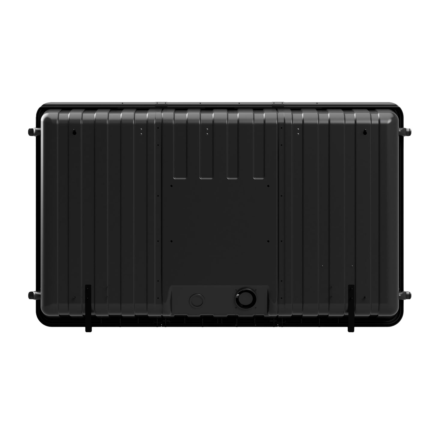 Storm Shell Deluxe Weatherproof 65” Outdoor TV Enclosure, Cooling fan and power strip included. Back view
