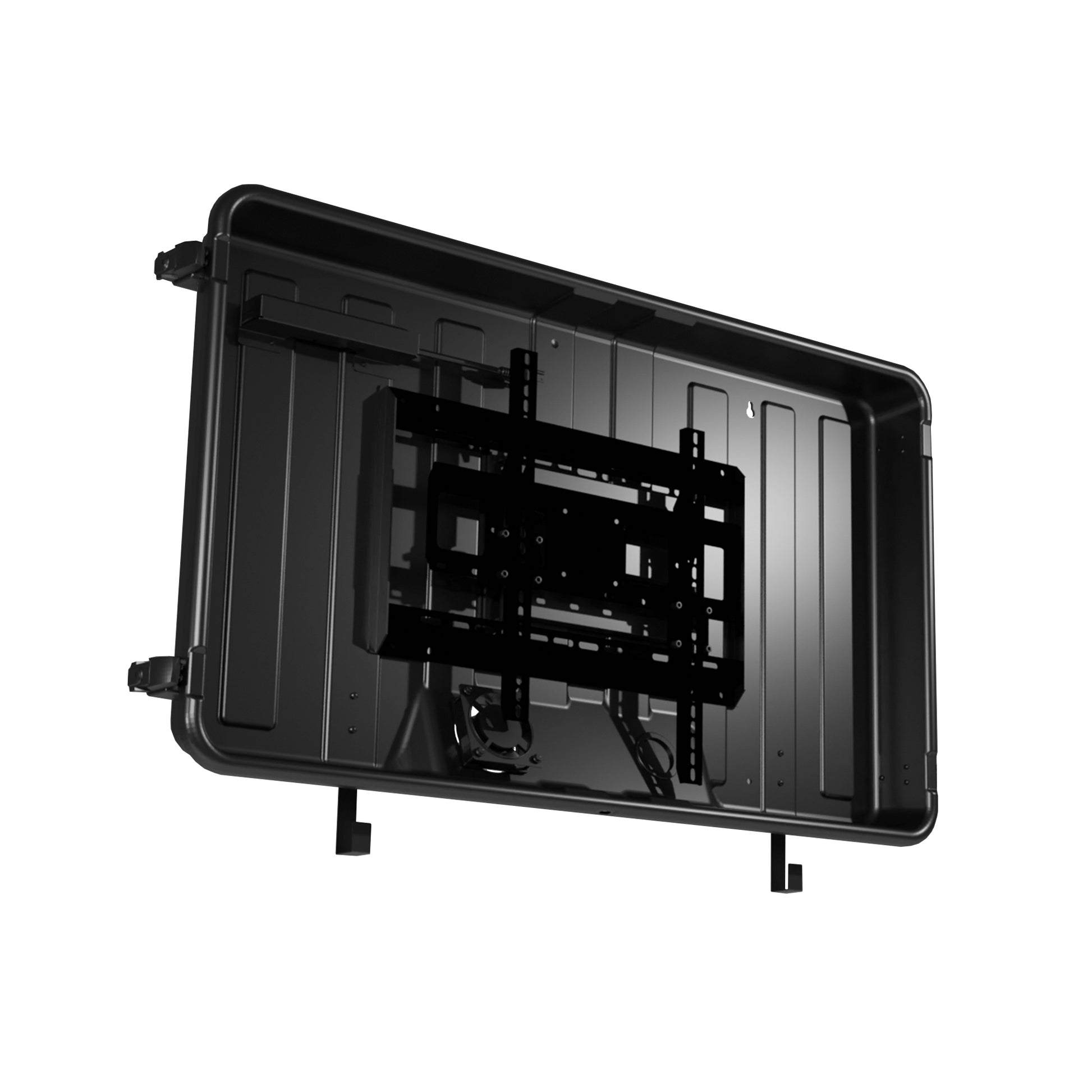 Storm Shell Outdoor Weatherproof TV Enclosure  with ariticulating arm and mounting hardware. Fits up to 44" TV  with front cover removed