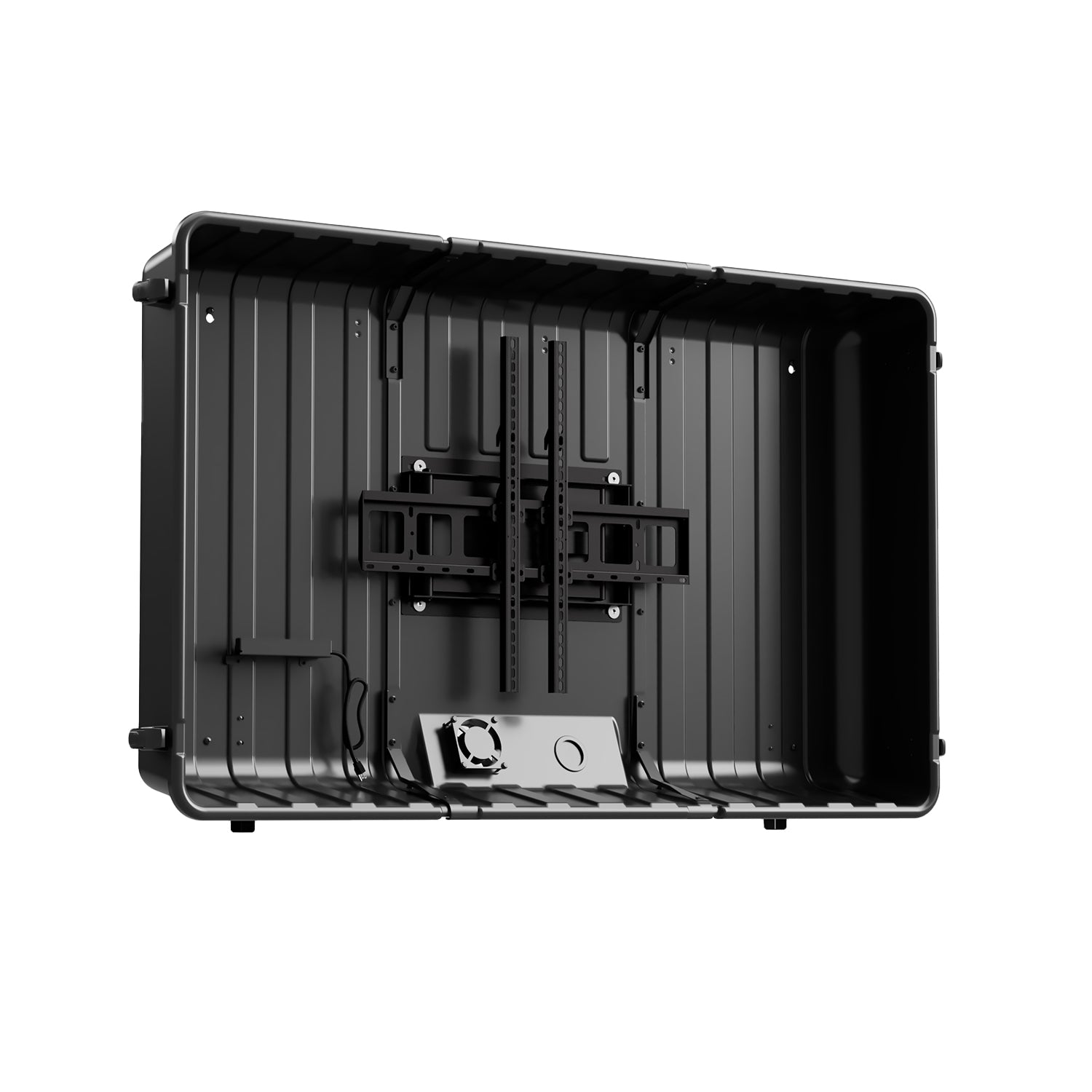 Storm Shell Deluxe Weatherproof 65” Outdoor TV Enclosure, Cooling fan and power strip included with cover removed
