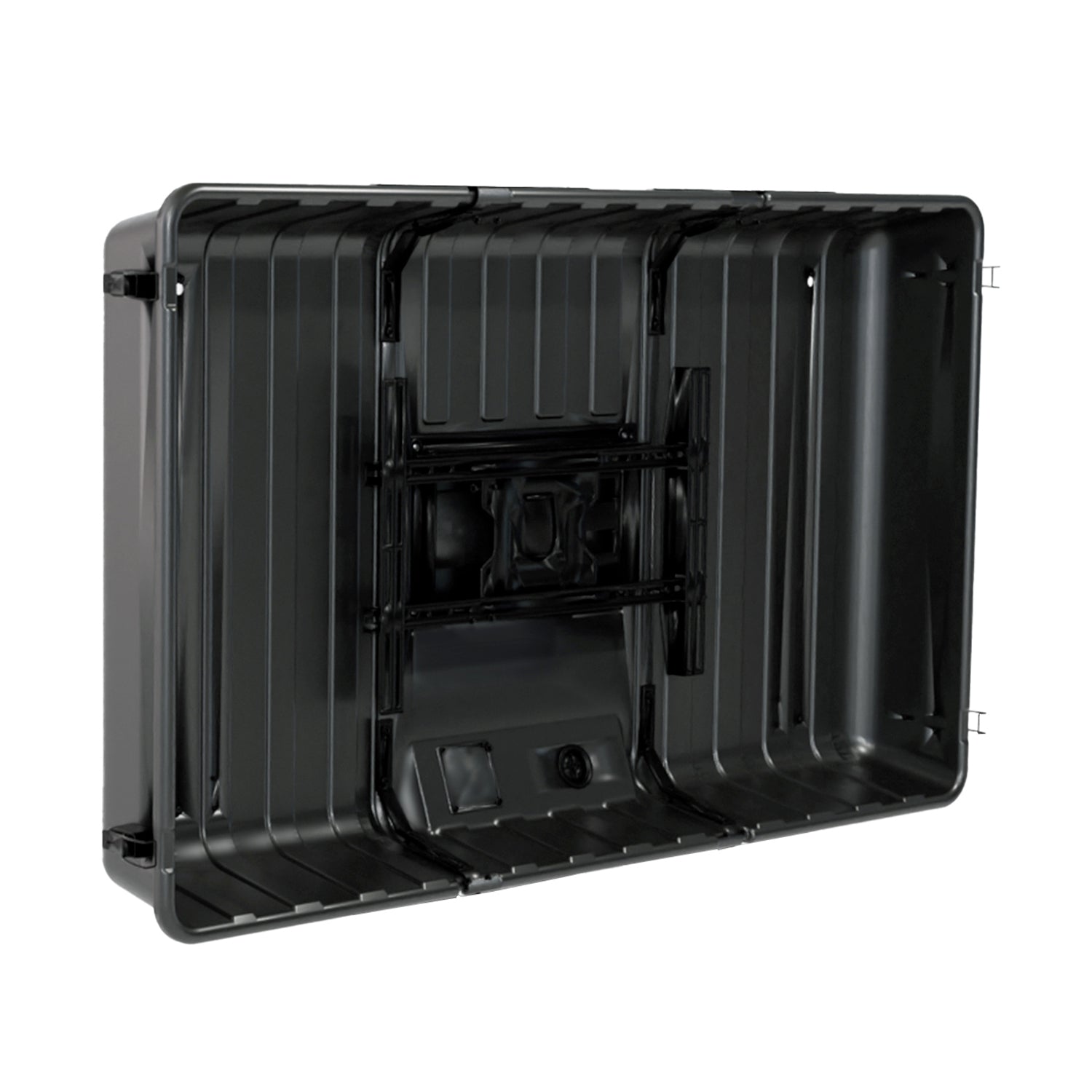 Storm Shell Outdoor Weatherproof TV Enclosure with articulating arm and mounting hardware. Fits up to 75" TV with cover removed