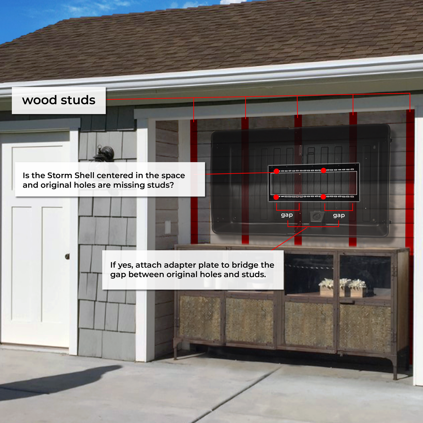 TV mount diagram: Photo of a house out door showing the palcing of the studs. # centeer holse do not line up with a stud. Optional adapter plate bridges the gap between the center holes and the stud.