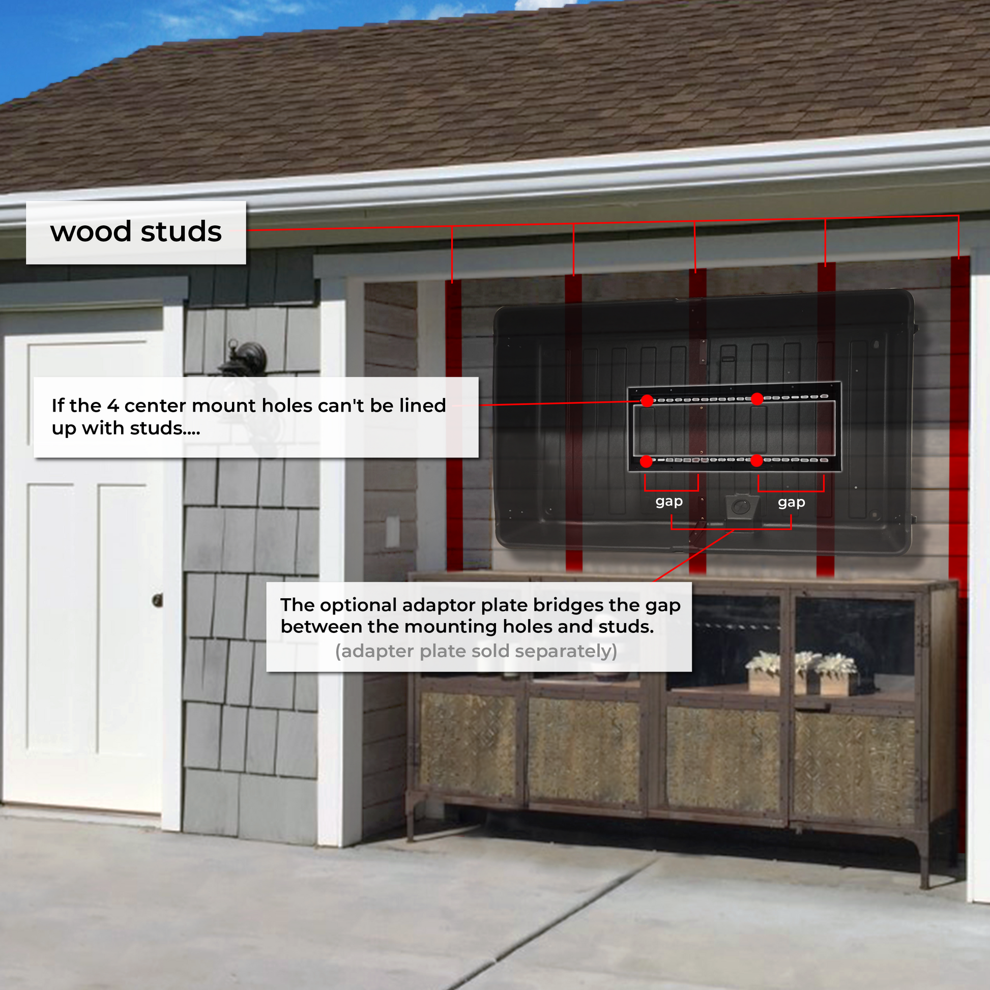 TV mount diagram: Photo of a house out door showing the palcing of the studs. # centeer holse do not line up with a stud. Optional adapter plate bridges the gap between the center holes and the stud.