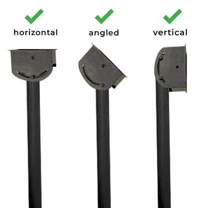 Pole and bracket ceiling mount kit horizontal, angled, and vertical for storm shell tv cover on white background. 